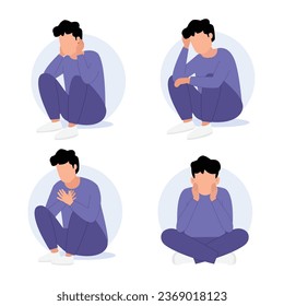 Sad man sitting on the floor.Character with psychological problems isolated on a white background.