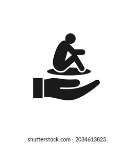 Sad man sitting on hand. Depression icon flat style isolated on white background. Vector illustration