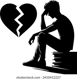 Sad man sitting on a pile of books with a broken heart. Vector illustration.