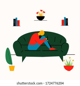 sad man sitting on sofa, depression concept vector flat style