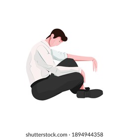 Sad man sitting on white background flat vector illustration