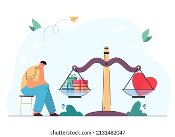 Triste hombre sentado a escalas con regalos y corazón. Equilibrio entre regalo y sentimientos ilustración vectorial plana. Amor, relación, concepto de San Valentín para banner, diseño de sitio web o página web de inicio