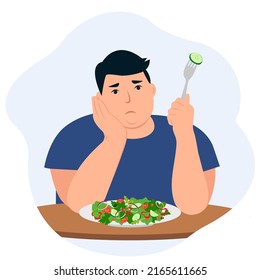 Un hombre triste está sentado en la mesa con un plato de ensalada. Hombre incapaz de comer. El concepto de pérdida de peso y dieta. Ilustración del vector