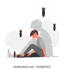 Sad man is sitting under bombs dropping. Flat vector cartoon illustration. Vector concept for aggression against civil people.