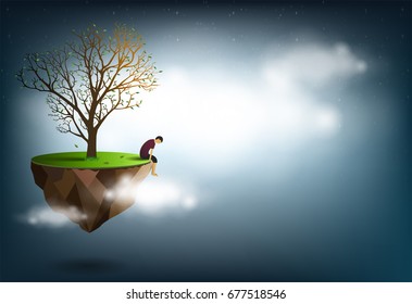 Sad man sitting under a tree Is a conceptual image of disappointment, love. vector illustration.