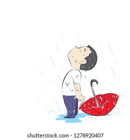 Sad Man Stand In The Rain And Leave An Umbrella Behind Vector Illustration Isolated Background Cartoon