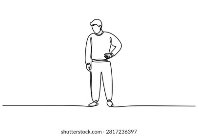 Sad man standing alone in a thoughtful pose drawn with a single continuous line style Vector, illustration
