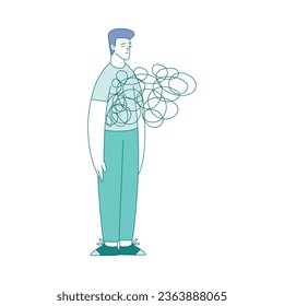 Sad Man Standing with Clutter or Tangled Skein Suffer from Psychic Illness Vector Illustration