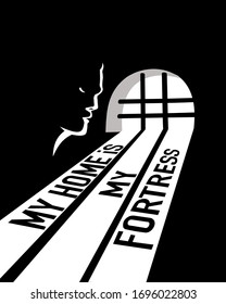 Un hombre triste se para en la ventana con barras. Ilustración vectorial en blanco y negro.