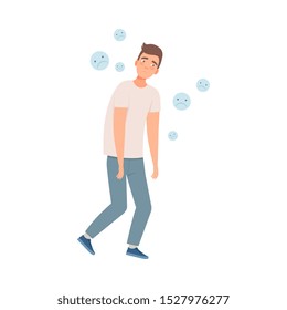 Sad man steps with his shoulders down because of depression, bad habit illustration vector