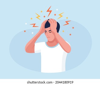 Sad man with strong headache, tired and exhausted person holding head in hands. Migraine, chronic fatigue and nervous tension,  depression, stress or flu symptom. Vector illustration