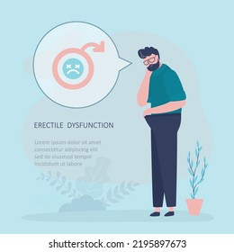 Sad Man Suffering From Erectile Dysfunction. Male Character Has Difficulty In Intimacy With Partners. Upset Guy Doesn't Experience Erection During Intercourse. Sexual Problems. Vector Illustration