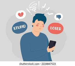 Sad man suffers from bullying, scorn and contempt on the internet. Peers engage in bullying behavior towards a teenage boy. Cyberbullying and bad influence on social media concept. 