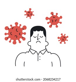 Sad man surrounded by COVID-19 virus pathogens. Outline, linear, thin line, doodle art. Simple style with editable stroke.
