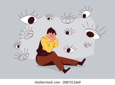 Sad man surrounded by giant eyes feeling overwhelmed and helpless. Depressed boy suffers from phobias and fears. The psychological concept of mental disorder and paranoia. Vector illustration