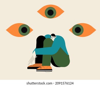 Sad man surrounded by giant eyes feeling overwhelmed and helpless. Depressed boy suffers from phobias and fears. The psychological concept of mental disorder and paranoia. Vector illustration.