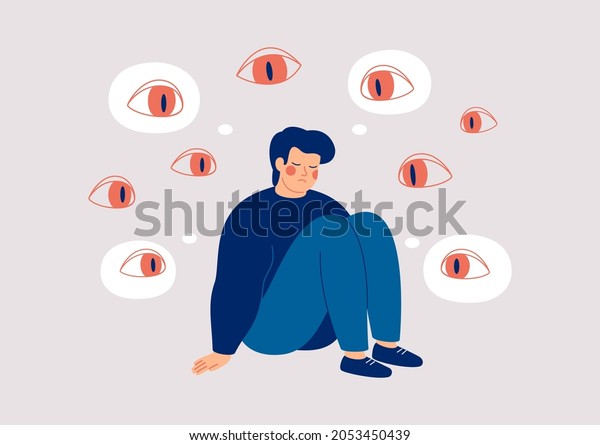 Sad man surrounded by giant eyes feeling\
overwhelmed and helpless. Depressed boy suffers from phobias and\
fears. The psychological concept of mental disorder and paranoia.\
Vector illustration
