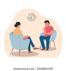 Sad man talking with psychologist on the chairs. Psychological consultation. Vector flat style illustration