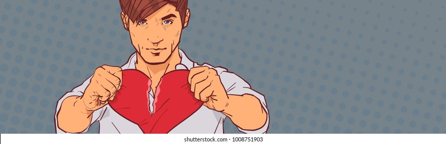Sad Man Tearing Red Heart Apart On Retro Pop Art Background With Copy Space Relationship Divorce And Betrayal Concept Horizontal Banner Vector Illustration
