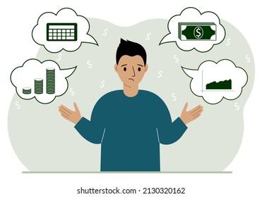 Sad man thinking about finances. In my thoughts money, calculator, charts. For posters, banners, websites. Vector flat illustration