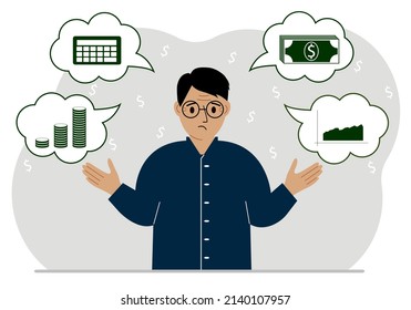 Hombre triste pensando en finanzas. En mis pensamientos dinero, calculadora, gráficos. Para afiches, banners, sitios web. Ilustración plana del vector