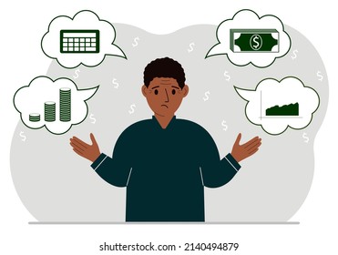 Sad man thinking about finances. In my thoughts money, calculator, charts. For posters, banners, websites.