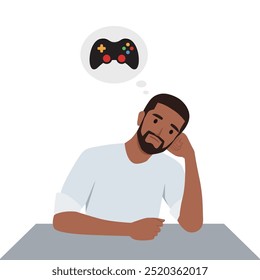 Sad man thinking about video games. Flat vector illustration isolated on white background