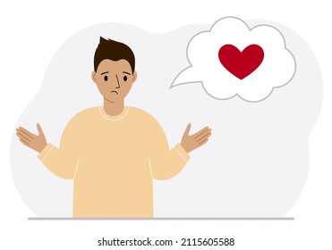 Sad man thinks about love. In the balloon of thought is a red heart. Vector