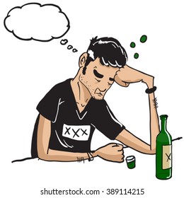 sad man with thought bubble drinking isolated on white cartoon illustration