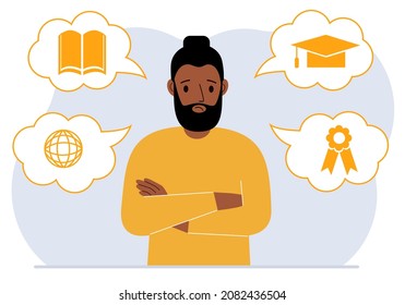 Sad man with thoughts about learning. Internet profession, higher education, stock exchange, financial literacy. Various icons about education. Vector flat illustration