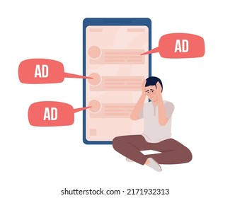 Sad man tired of annoying ads semi flat color vector character. Editable figure. Full body person on white. Simple cartoon style illustration for web graphic design and animation. Bebas Neue font used