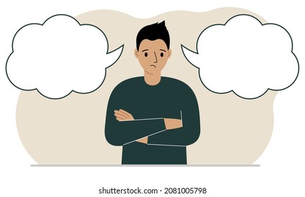 A sad man tries to make the right decision. Left and right empty bubbles. Comparison of the two solutions. Vector flat illustration
