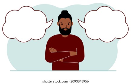 A sad man tries to make the right decision. Left and right empty bubbles. Comparison of the two solutions. Vector flat illustration