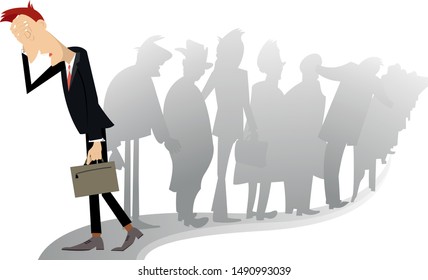 Sad man and a turn of the people illustration. Sad man with a bag puts hand on the head passing by the turn of the people

