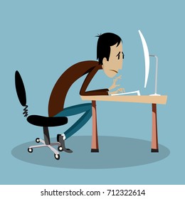 Sad man typing on keyboard and looking at monitor