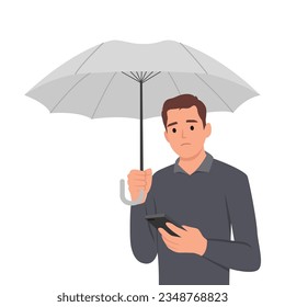 Trauriger Mann mit Regenschirm steht im Regen und liest SMS in Handy von Freundin, die sich weigerte, mit dem Date zu kommen. Konzept der Herbstdepression aufgrund des schlechten Wetters. Flache Vektorgrafik einzeln auf