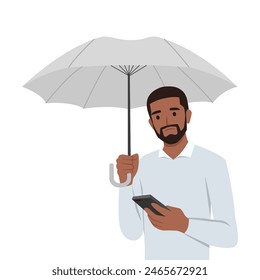 Sad man with umbrella stands in rain and reads SMS in mobile phone. Flat vector illustration isolated on white background