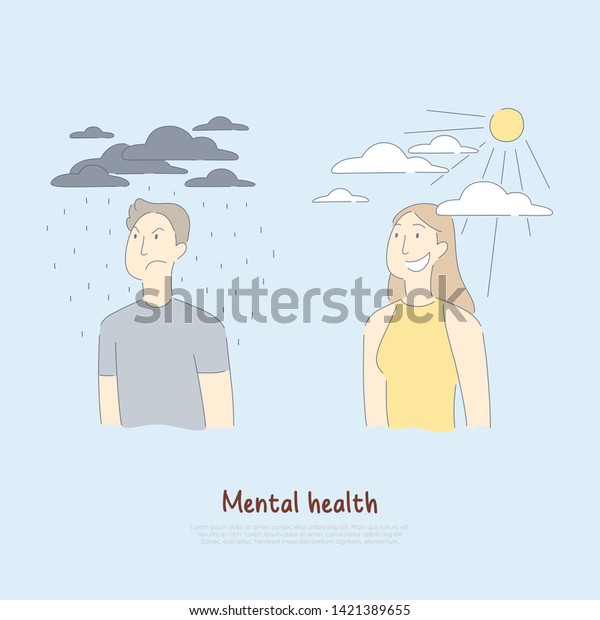 Sad Man Under Raining Clouds Happy Stock Vector Royalty Free