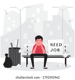A sad man is unemployed and need a job sitting on the bench, homeless 