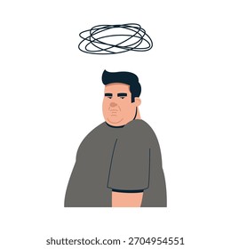 Ilustración vectorial de hombre triste. Carácter plano - hombre joven deprimido con sobrepeso 