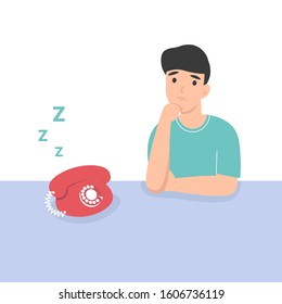 Sad man is waiting for a call. Flat vector cartoon illustration.