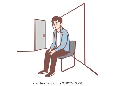 Sad man is waiting for start of interview, sitting in office corridor. Hand drawn style vector design illustrations.