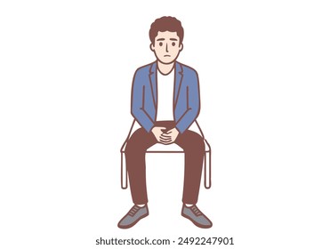 Sad man is waiting for start of interview, sitting in office corridor. Hand drawn style vector design illustrations.