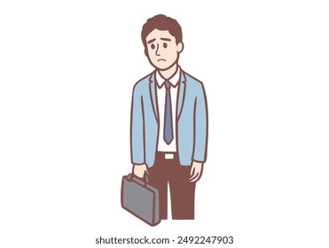 Sad man is waiting for start of interview, sitting in office corridor. Hand drawn style vector design illustrations.