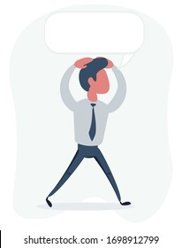 Trauriger Mann, der einzeln auf Weiß mit der Sprechblase spaziert. Vektorillustration-Illustration der jungen Trauermännlichkeit.