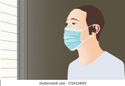 sad man wearing mask looking out the window;  man at the hospital during corona virus outbreak. Covid 19 self protection