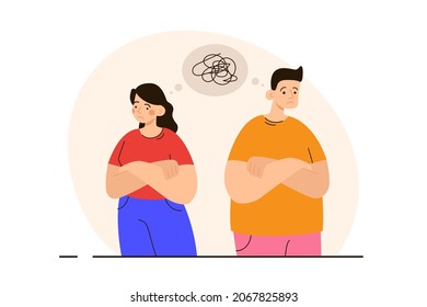 Sad man and woman after quarrel thinking about problems. Family crisis, breakup and divorse concept. Modern flat vector illustration