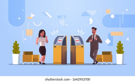 sad man woman customers near ATM machine with no money error notification financial crisis transaction denied locked bank credit card bad servise at bank concept horizontal full length vector