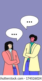 Sad man and woman do not understand each other. Married couple is talking. Aggressive behaviour between husband and wife. Vector character. Illustration in cartoon style. Social media stories poster.