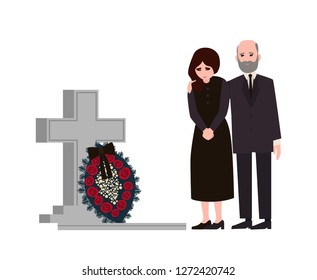 Sad man and woman dressed in mourning clothes standing near grave with tombstone and wreath. Grieving people or relatives on graveyard or cemetery. Colorful vector illustration in flat cartoon style.